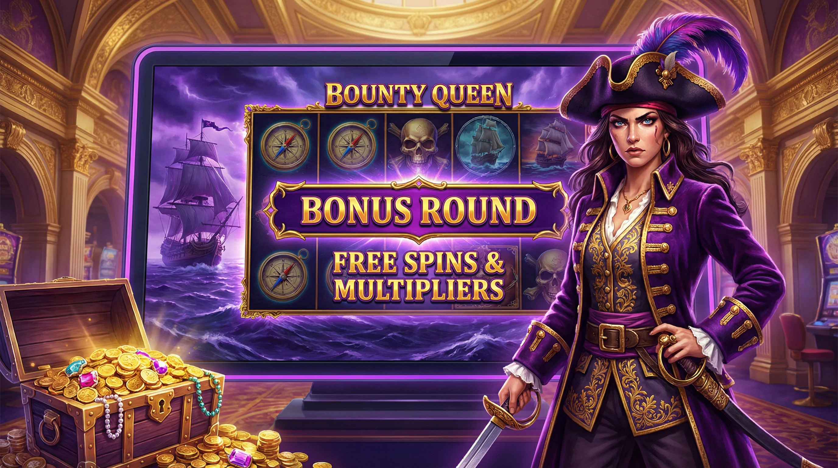 赏金女王游戏画面展示海盗女王和宝藏